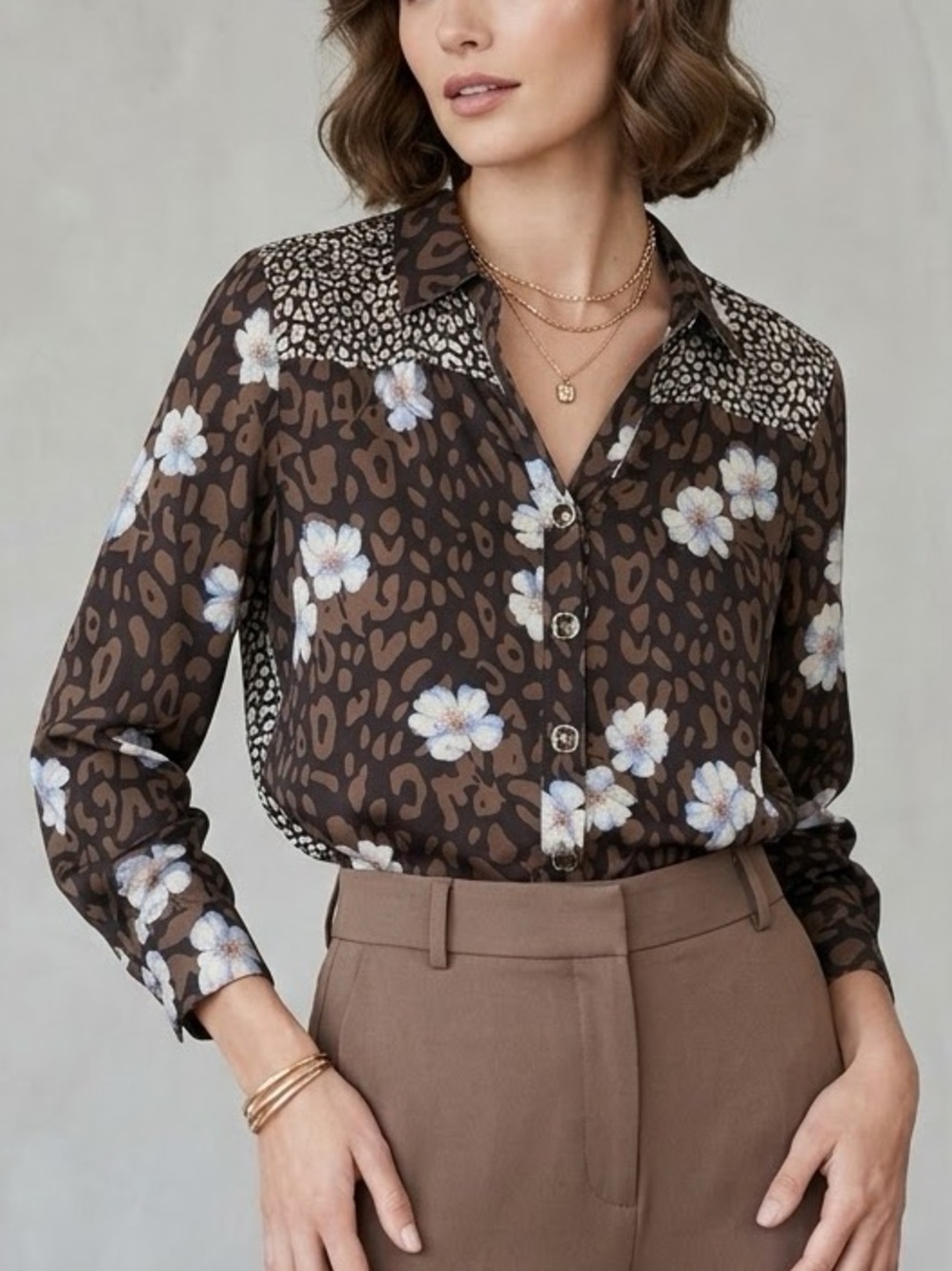 Fig and Flower Womens XL Leopard Floral Mixed Print Button Down Blouse ROX2696